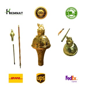 Golden Embossed Head Drum Major Mace or Stave Lion & Crown On Head Golden Three Parts Mace With Free Soft Case