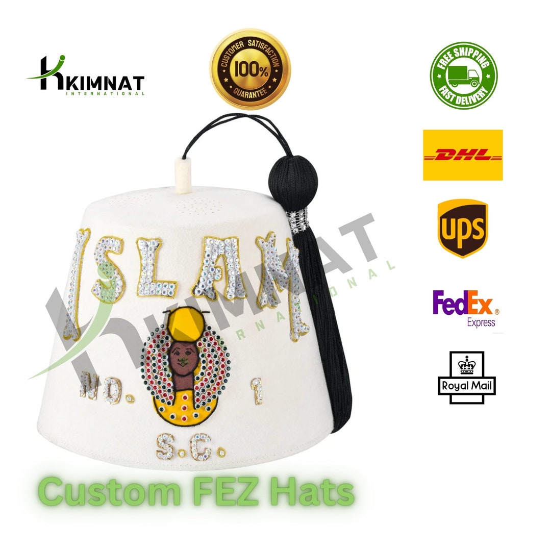 Masonic DOI Fez Cap Custom Lodge Name White Color Hand Embroidery With ...