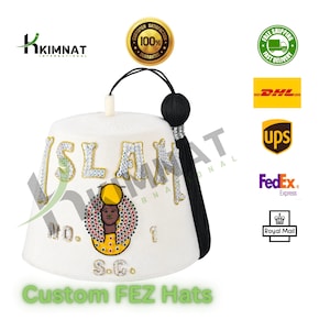 Masonic DOI Fez Cap Custom Lodge Name White Color Hand Embroidery With Rhinestone Black Tassel + Holder With Rhinestones Row Options