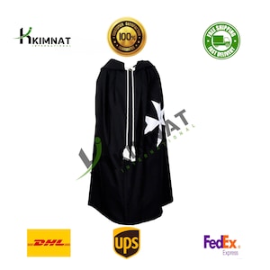 May include: Black hooded cloak with a white cross on the front. The cloak has a white drawstring and tassels. The cloak is made of a soft, comfortable fabric.
