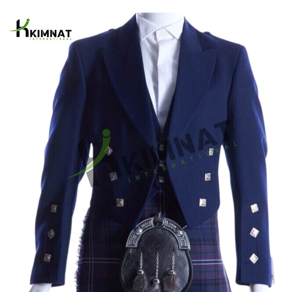 Handmade Scottish Blue Prince Charlie Kilt Jacket and Vest Set - Highland Wedding Attire for Men