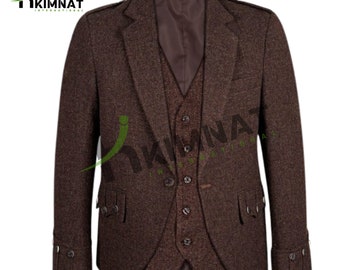 Scottish Men&#39;s Dark Brown Tweed Argyle Kilt Jacket & Vest Highland Tweed Jacket Vest For Men&#39;s