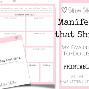 K&ouml;nnte beinhalten: Rosa druckbarer To-Do-Liste mit dem Titel "Manifest that Shit." und dem Text "My Favorite To-Do List". Die Liste enth&auml;lt Abschnitte f&uuml;r Personen, die man anrufen kann, Rechnungen, die man bezahlen muss, Orte, die man besuchen kann, eine Reinigungsliste, Dinge, die ich m&ouml;chte, Affirmationen und Dankbarkeit.