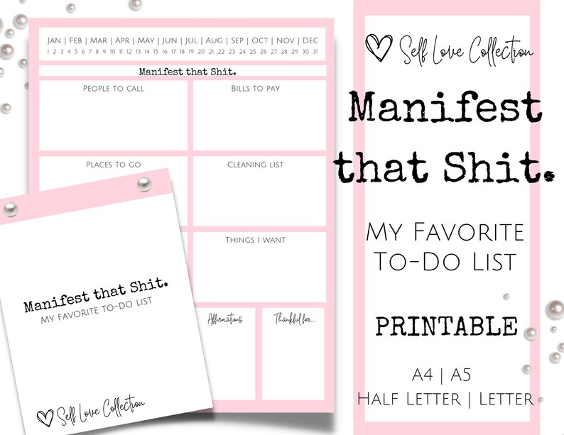 K&ouml;nnte beinhalten: Rosa druckbarer To-Do-Liste mit dem Titel "Manifest that Shit." und dem Text "My Favorite To-Do List". Die Liste enth&auml;lt Abschnitte f&uuml;r Personen, die man anrufen kann, Rechnungen, die man bezahlen muss, Orte, die man besuchen kann, eine Reinigungsliste, Dinge, die ich m&ouml;chte, Affirmationen und Dankbarkeit.