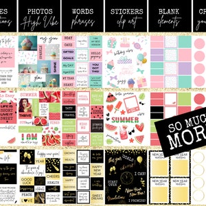 Pu&ograve; includere: Un planner digitale stampabile con uno sfondo di glitter dorati. Il planner include citazioni, foto, parole, adesivi, elementi vuoti e una sezione per creare la tua visione. Il planner ha un tema estivo con anguria, occhiali da sole e una lista di cose da fare per l'estate. Il planner ha anche un tema di Capodanno con bicchieri di champagne, fuochi d'artificio e una sezione per i buoni propositi di Capodanno. Il planner ha una variet&agrave; di colori, tra cui rosa, verde, blu, giallo e nero.