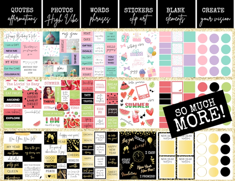 Pu&ograve; includere: Un planner digitale stampabile con uno sfondo di glitter dorati. Il planner include citazioni, foto, parole, adesivi, elementi vuoti e una sezione per creare la tua visione. Il planner ha un tema estivo con anguria, occhiali da sole e una lista di cose da fare per l'estate. Il planner ha anche un tema di Capodanno con bicchieri di champagne, fuochi d'artificio e una sezione per i buoni propositi di Capodanno. Il planner ha una variet&agrave; di colori, tra cui rosa, verde, blu, giallo e nero.