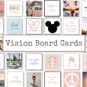 May include: Vision board cards with inspirational quotes and images. The cards feature a variety of themes, including travel, self-love, and success. Some of the quotes include "I am a money magnet", "I am exactly where I need to be", and "I am healing".