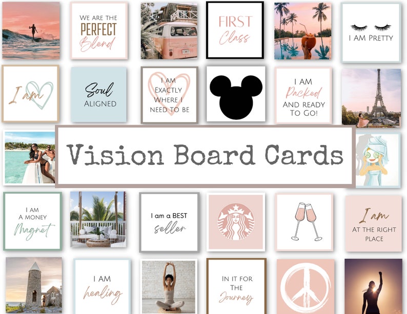 May include: Vision board cards with inspirational quotes and images. The cards feature a variety of themes, including travel, self-love, and success. Some of the quotes include "I am a money magnet", "I am exactly where I need to be", and "I am healing".
