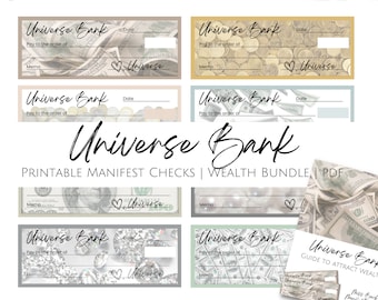 Chèques en blanc imprimables pour manifester de l'argent, gage de liberté financière, 8 modèles de monnaie, Univers de chèques bancaires, chèque en blanc PDF