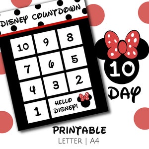 May include: A printable Disney countdown calendar with black and white squares featuring numbers 1 through 10. The calendar has a red and white polka dot border and the text "Disney Countdown". A red and white polka dot bow with a black number 10 and the text "Day" is shown in the corner.