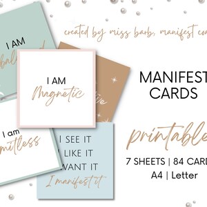 May include: Printable manifest cards with affirmations such as "I am Magnetic", "I am Limitless", and "I See It, Like It, Want It, Manifest It". The cards are on light blue, light green, and beige backgrounds with gold lettering. The text "MANIFEST CARDS printable 7 SHEETS | 84 CARDS A4 | Letter" is at the bottom of the image.
