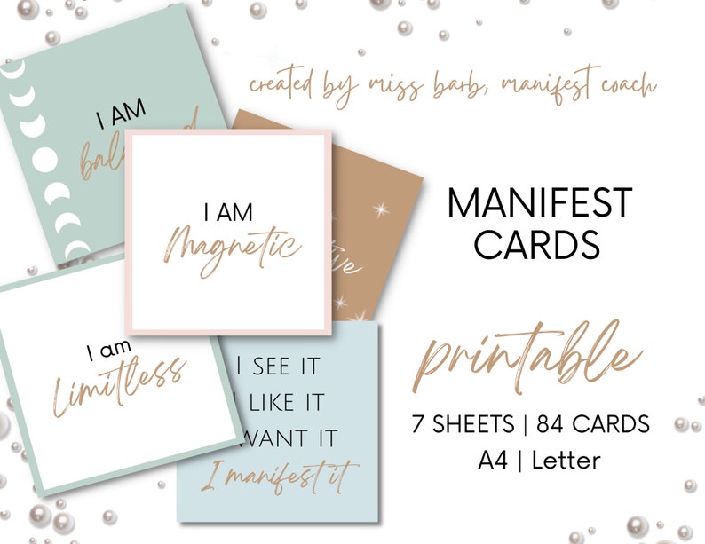 May include: Printable manifest cards with affirmations such as "I am Magnetic", "I am Limitless", and "I See It, Like It, Want It, Manifest It". The cards are on light blue, light green, and beige backgrounds with gold lettering. The text "MANIFEST CARDS printable 7 SHEETS | 84 CARDS A4 | Letter" is at the bottom of the image.