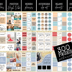 Pu&ograve; includere: Un planner digitale stampabile con 300 pagine di adesivi, citazioni, foto, parole ed elementi vuoti. Il planner &egrave; a tema viaggio e include frasi come "Viaggia per il mondo", "Vai con il flusso" e "Lista dei desideri".