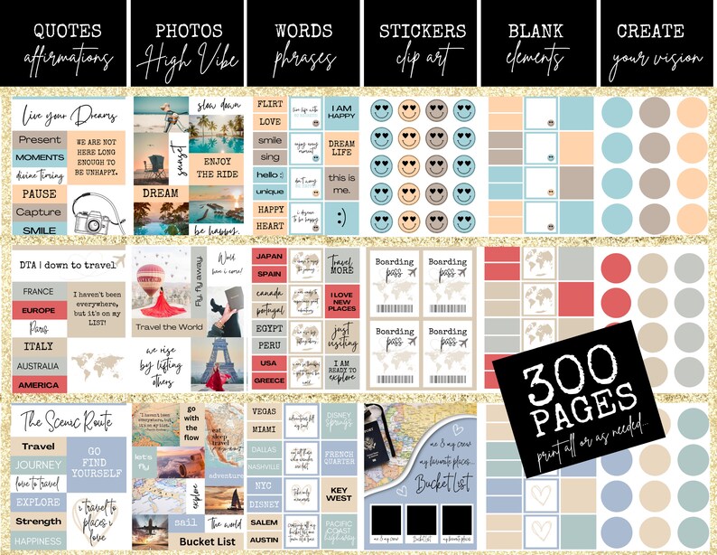 Pu&ograve; includere: Un planner digitale stampabile con 300 pagine di adesivi, citazioni, foto, parole ed elementi vuoti. Il planner &egrave; a tema viaggio e include frasi come "Viaggia per il mondo", "Vai con il flusso" e "Lista dei desideri".