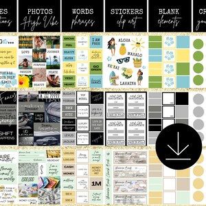 Pu&ograve; includere: Una pagina di planner digitale con un collage di immagini e testo. La pagina &egrave; divisa in sezioni con titoli come "Citazioni", "Fotografie", "Parole", "Sticker", "Elementi vuoti" e "Crea la tua visione". Le immagini includono fiori, auto e denaro. Il testo include affermazioni, frasi e citazioni motivazionali.