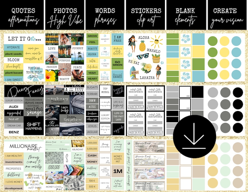 Pu&ograve; includere: Una pagina di planner digitale con un collage di immagini e testo. La pagina &egrave; divisa in sezioni con titoli come "Citazioni", "Fotografie", "Parole", "Sticker", "Elementi vuoti" e "Crea la tua visione". Le immagini includono fiori, auto e denaro. Il testo include affermazioni, frasi e citazioni motivazionali.