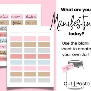 May include: Printable manifestation jar worksheet with pink, brown, and blue squares. The text "What are you Manifesting today?" is at the top of the page. The text "Use the blank sheet to create your own Jar!" is below the title. The text "Cut | Paste" is at the bottom of the page.