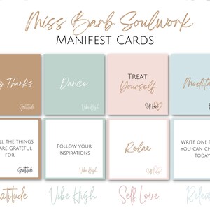 May include: A set of eight affirmation cards with a light brown, light blue, light pink, and light green background. The cards feature positive affirmations such as "Say Thanks", "Dance", "Treat Yourself", "Meditate", "List All The Things You Are Grateful For", "Follow Your Inspirations", "Relax", and "Write One Thing You Can Change Today". The cards are labeled with the categories "Gratitude", "Vibe High", "Self Love", and "Release".