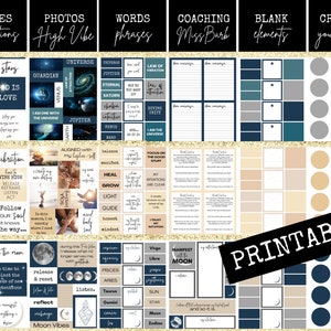 Pu&ograve; includere: Pagine di planner digitale stampabili con un tema celeste. Le pagine presentano citazioni, affermazioni, foto, parole, suggerimenti di coaching, elementi vuoti e una sezione per creare la tua visione. Le pagine sono decorate con stelle, pianeti, lune e altre immagini celesti. I colori sono blu, beige e oro.