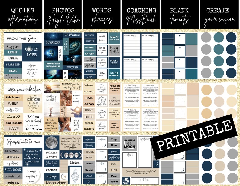 Pu&ograve; includere: Pagine di planner digitale stampabili con un tema celeste. Le pagine presentano citazioni, affermazioni, foto, parole, suggerimenti di coaching, elementi vuoti e una sezione per creare la tua visione. Le pagine sono decorate con stelle, pianeti, lune e altre immagini celesti. I colori sono blu, beige e oro.