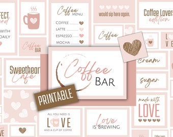 Coffee Bar Sign Printable Bundle with 50 Coffee Signs and Pictures for Decorating Your Coffee Bar, Love is Brewing, Printable Coffee Signs
