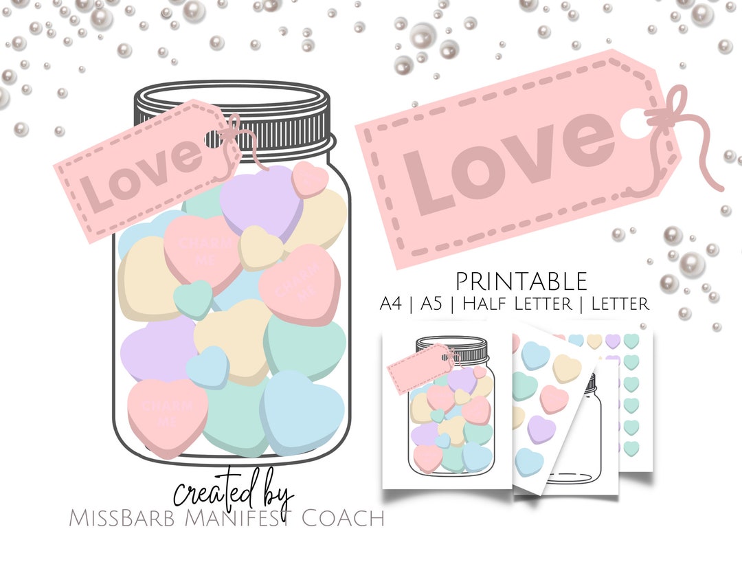 Candy Heart Printable Love Jar, Perfect for Valentine Activity, Vision Boards, Journal Insert, Size A4 A5 Letter and Half Letter, Free Gift