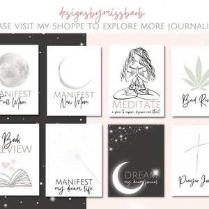 May include: A set of printable journal covers featuring various themes, including moon phases, meditation, book reviews, and prayer. The covers are designed in a minimalist style with black and white illustrations and text.