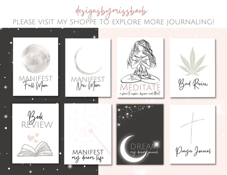 May include: A set of printable journal covers featuring various themes, including moon phases, meditation, book reviews, and prayer. The covers are designed in a minimalist style with black and white illustrations and text.