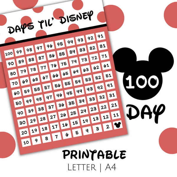 100 Days Til' Your Magical Vacation Countdown, Printable Vacation Countdown,Mickey, US Letter, A4