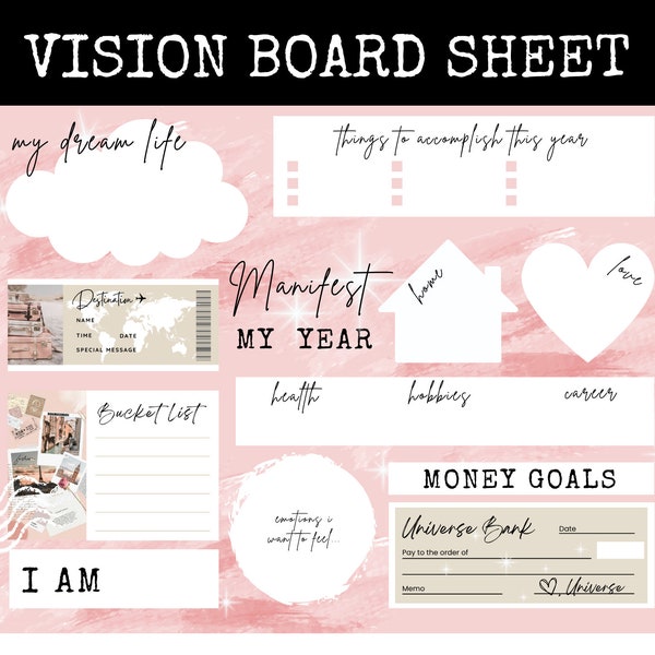 Vision Board Printable Worksheet for Manifesting Your Best Year, 2024 New Year Resolutions and Manifestation Printables, Visionboard Planner