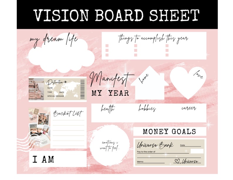 Peut inclure: Une feuille de vision board rose avec des sections pour "ma vie de r&ecirc;ve", "choses &agrave; accomplir cette ann&eacute;e", "manifester mon ann&eacute;e", "sant&eacute;", "hobbies", "carri&egrave;re", "objectifs financiers" et "je suis". La feuille comprend un talon de billet, une liste de choses &agrave; faire, un ch&egrave;que et un c&oelig;ur.