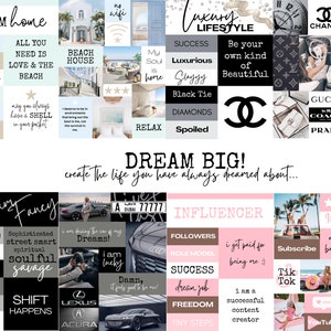 Puede incluir: Un collage de im&aacute;genes con superposiciones de texto, que representan un estilo de vida de ensue&ntilde;o. Las im&aacute;genes incluyen una casa de playa, un autom&oacute;vil, un bolso de mano de lujo y una mujer con un atuendo elegante. El texto incluye frases como "Dream Home", "Luxury Lifestyle", "Dream Big", y "Influencer".