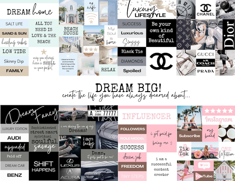 Puede incluir: Un collage de im&aacute;genes con superposiciones de texto, que representan un estilo de vida de ensue&ntilde;o. Las im&aacute;genes incluyen una casa de playa, un autom&oacute;vil, un bolso de mano de lujo y una mujer con un atuendo elegante. El texto incluye frases como "Dream Home", "Luxury Lifestyle", "Dream Big", y "Influencer".