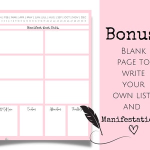 K&ouml;nnte beinhalten: Rosaer druckbarer Planer mit einem Kalender, einem Raster von K&auml;stchen mit den &Uuml;berschriften "Self Love", "Enstens", "Affractions" und "Thankful" sowie dem Text "Manifest that Shit."