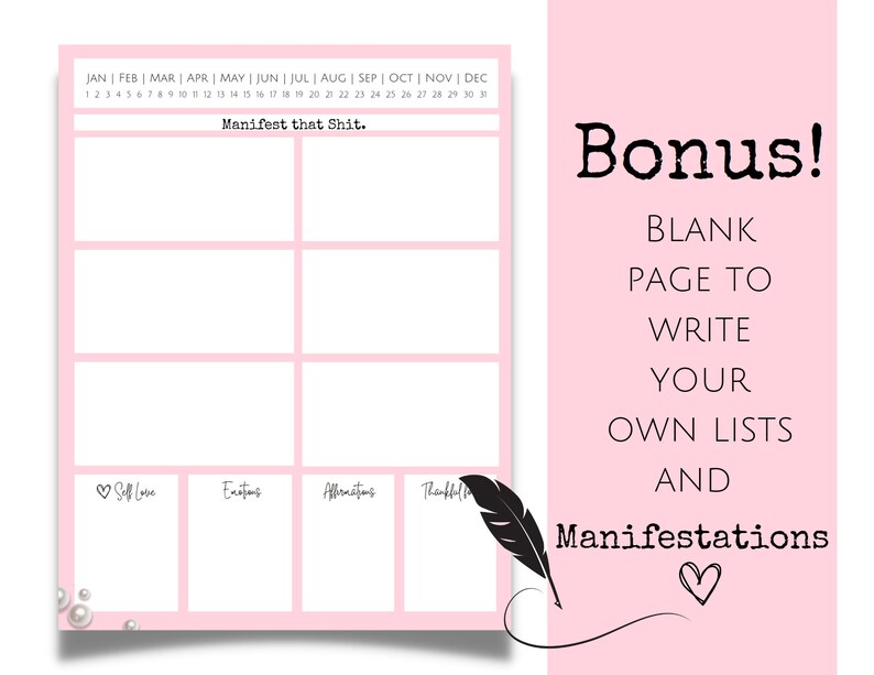 K&ouml;nnte beinhalten: Rosaer druckbarer Planer mit einem Kalender, einem Raster von K&auml;stchen mit den &Uuml;berschriften "Self Love", "Enstens", "Affractions" und "Thankful" sowie dem Text "Manifest that Shit."