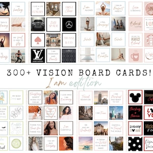 May include: A collage of colorful vision board cards with inspirational quotes and images. The cards feature phrases like "I am", "Love is Breathing", "Everything Always Works Out for Me", "I am Grateful", and "Disney Vacay".