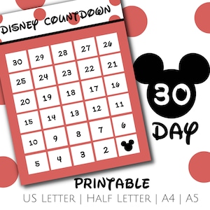 Mickey 30 Day Vacation Countdown Printable, Magical Vacation Countdown, US Letter, Half Letter, A4, A5, Printable PDF, Vacation Countdown