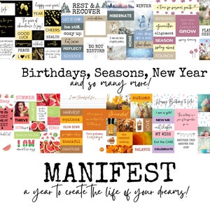 Puede incluir: Un collage colorido de im&aacute;genes con las palabras "Cumplea&ntilde;os, Estaciones, A&ntilde;o Nuevo y mucho m&aacute;s!" y "MANIFIESTA un a&ntilde;o para crear la vida de tus sue&ntilde;os!" Las im&aacute;genes est&aacute;n divididas en categor&iacute;as como "A&ntilde;o Nuevo", "Verano", "Invierno", "Primavera", "Oto&ntilde;o" y "Cumplea&ntilde;os". Cada categor&iacute;a tiene una colecci&oacute;n de im&aacute;genes coloridas con palabras y frases motivacionales.