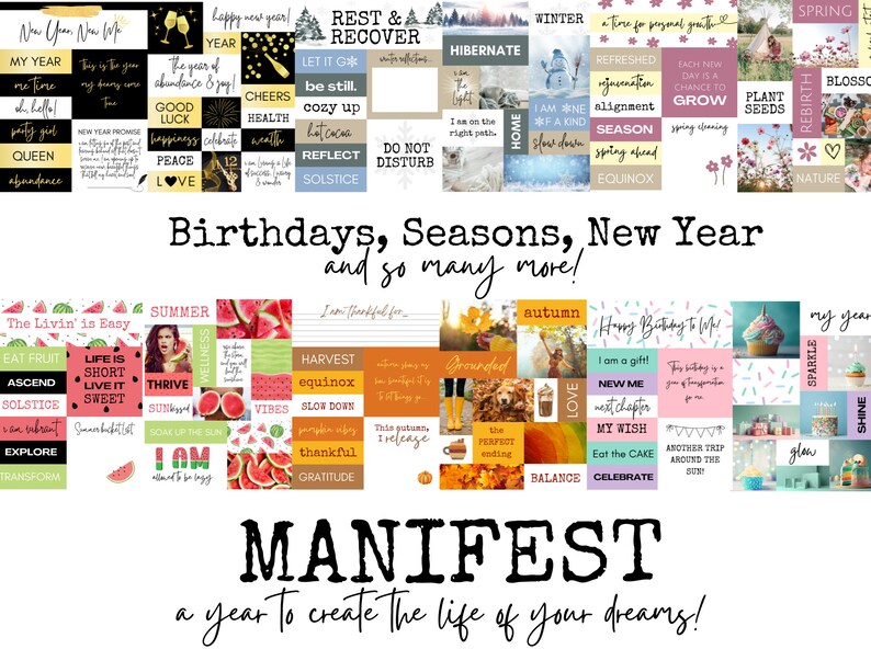 Puede incluir: Un collage colorido de im&aacute;genes con las palabras "Cumplea&ntilde;os, Estaciones, A&ntilde;o Nuevo y mucho m&aacute;s!" y "MANIFIESTA un a&ntilde;o para crear la vida de tus sue&ntilde;os!" Las im&aacute;genes est&aacute;n divididas en categor&iacute;as como "A&ntilde;o Nuevo", "Verano", "Invierno", "Primavera", "Oto&ntilde;o" y "Cumplea&ntilde;os". Cada categor&iacute;a tiene una colecci&oacute;n de im&aacute;genes coloridas con palabras y frases motivacionales.