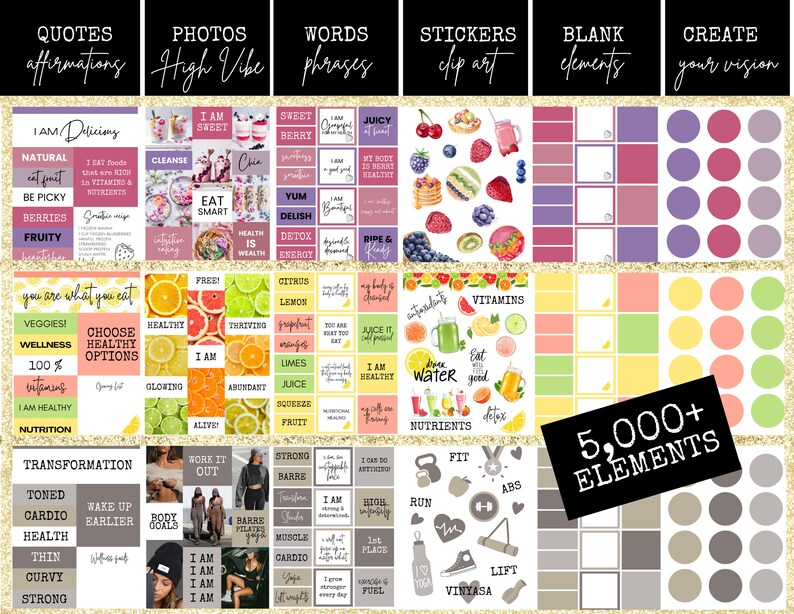Pu&ograve; includere: Un planner digitale con oltre 5.000 elementi per creare uno stile di vita sano. Il planner include citazioni, foto, parole, adesivi, elementi vuoti e una sezione per creare la tua visione. Il planner presenta un design luminoso e colorato con frutta, verdura e immagini legate al fitness.