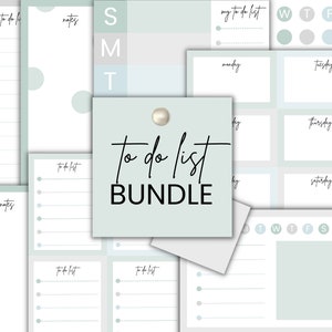 May include: A printable to-do list bundle in a light green and white color scheme. The bundle includes daily, weekly, and monthly to-do lists. The text "to do list BUNDLE" is featured on a light green tag.