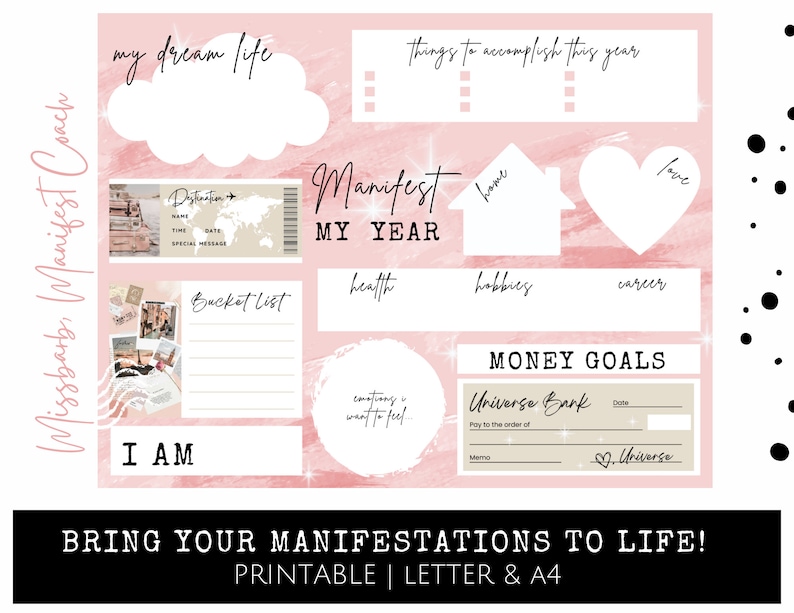 Peut inclure: Planificateur de manifestation imprimable rose avec le texte "Missbarb, Manifest Coach" et "Bring Your Manifestations To Life!" Le planificateur comprend des sections pour "My Dream Life", "Things to Accomplish This Year", "Manifest My Year", "Bucket List", "I Am", "Money Goals", et "Universe Bank".