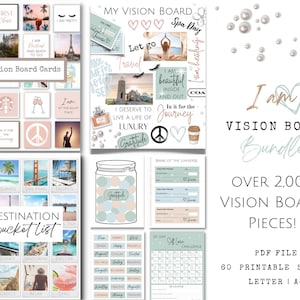 May include: A digital printable vision board bundle with over 2,000 pieces. The bundle includes 60 printable sheets in letter and A4 sizes. The image shows a variety of vision board elements, including inspirational quotes, images of travel destinations, and affirmations. The text "I am Vision Board Bundle" is featured in the image.