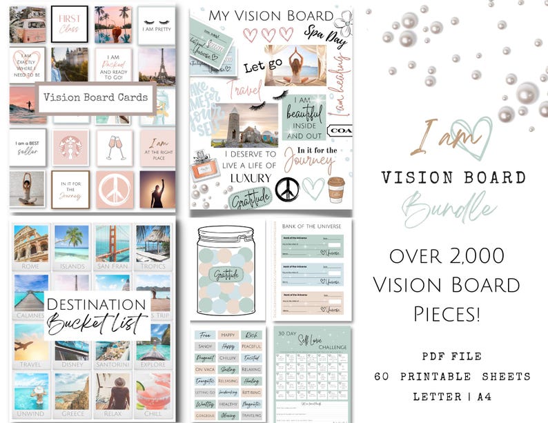 May include: A digital printable vision board bundle with over 2,000 pieces. The bundle includes 60 printable sheets in letter and A4 sizes. The image shows a variety of vision board elements, including inspirational quotes, images of travel destinations, and affirmations. The text "I am Vision Board Bundle" is featured in the image.
