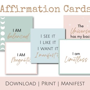 May include: Five affirmation cards with a pastel color scheme. The cards feature positive affirmations such as "I am balanced", "I am magnetic", "I see it, I like it, I want it, I manifest it", "The Universe has my back", and "I am limitless".