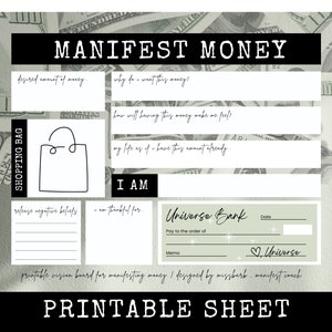 Money Vision Board Printable Worksheet to Attract Money, Wealth and Abundance, Manifest Check to Create Wealth, Manifest Money Worksheet