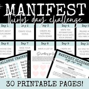 Cahier d'exercices imprimable Manifest Challenge pour manifester votre vie de rêve, parfait pour les rituels du Nouvel An, la planification d'objectifs et la manifestation de l'abondance