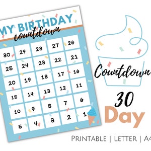 Birthday Countdown, 30 Day Birthday Countdown, Kids Countdown Blue Ice Cream Cone Printable
