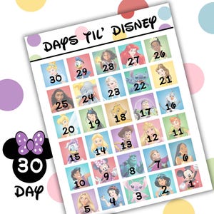 Cuenta regresiva de 30 días imprimible, cuenta regresiva de los días hasta tus vacaciones mágicas, Mickey y sus amigos, tamaño carta de EE. UU. y A4