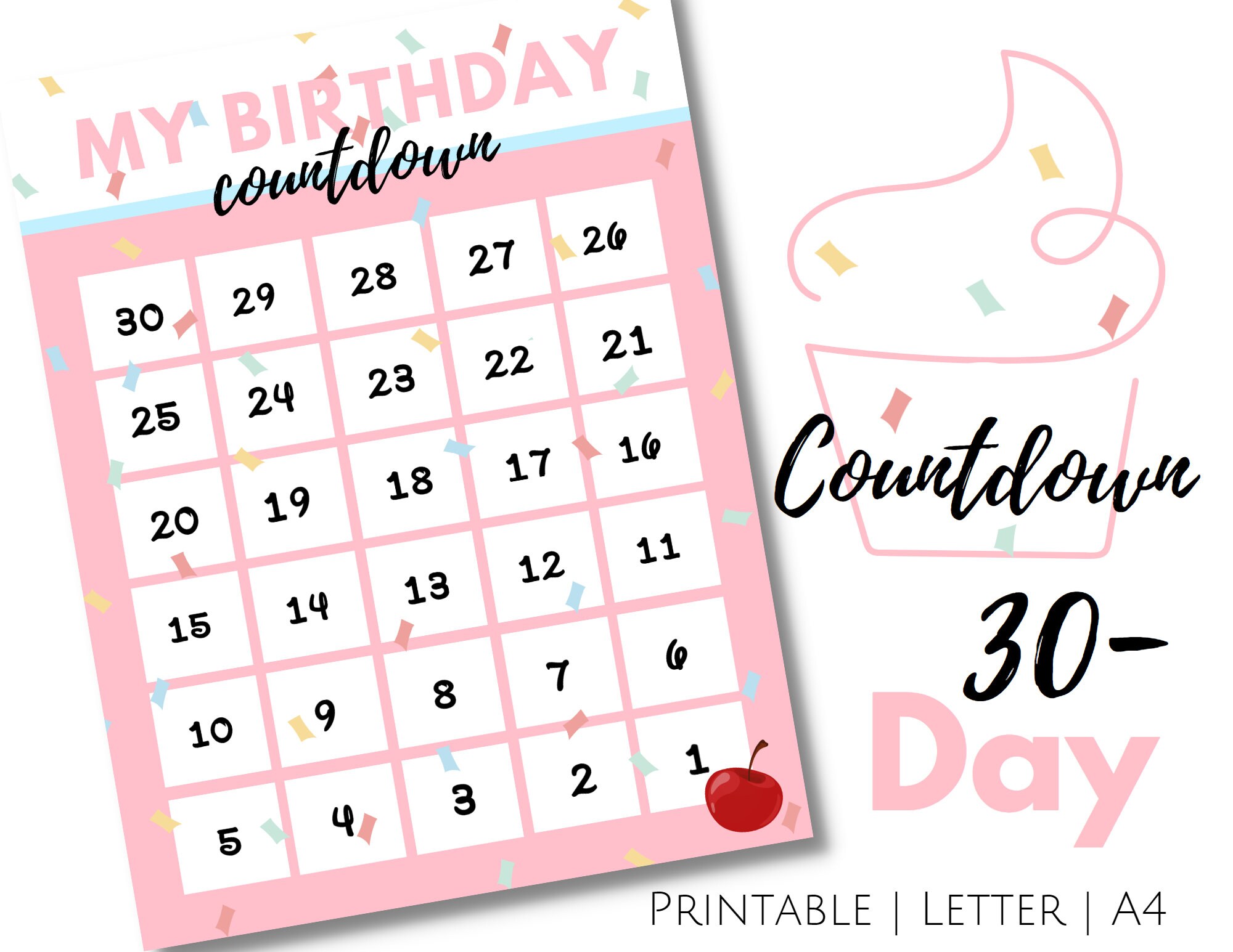 Countdown to Birthday, Printable 30 Day Birthday Countdown, Kids Birthday Countdown in Pink Cupcake - Etsy